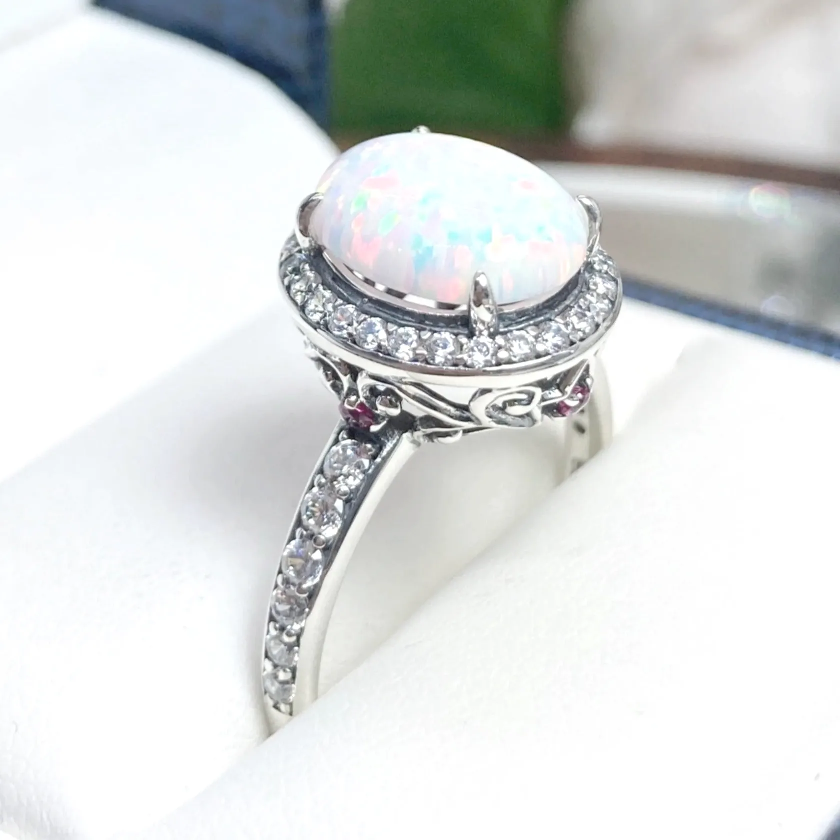 Opal Halo Ring, Size 7, White CZ Gems, Art Deco Sterling Silver Filigree #D228 - Ready to Ship