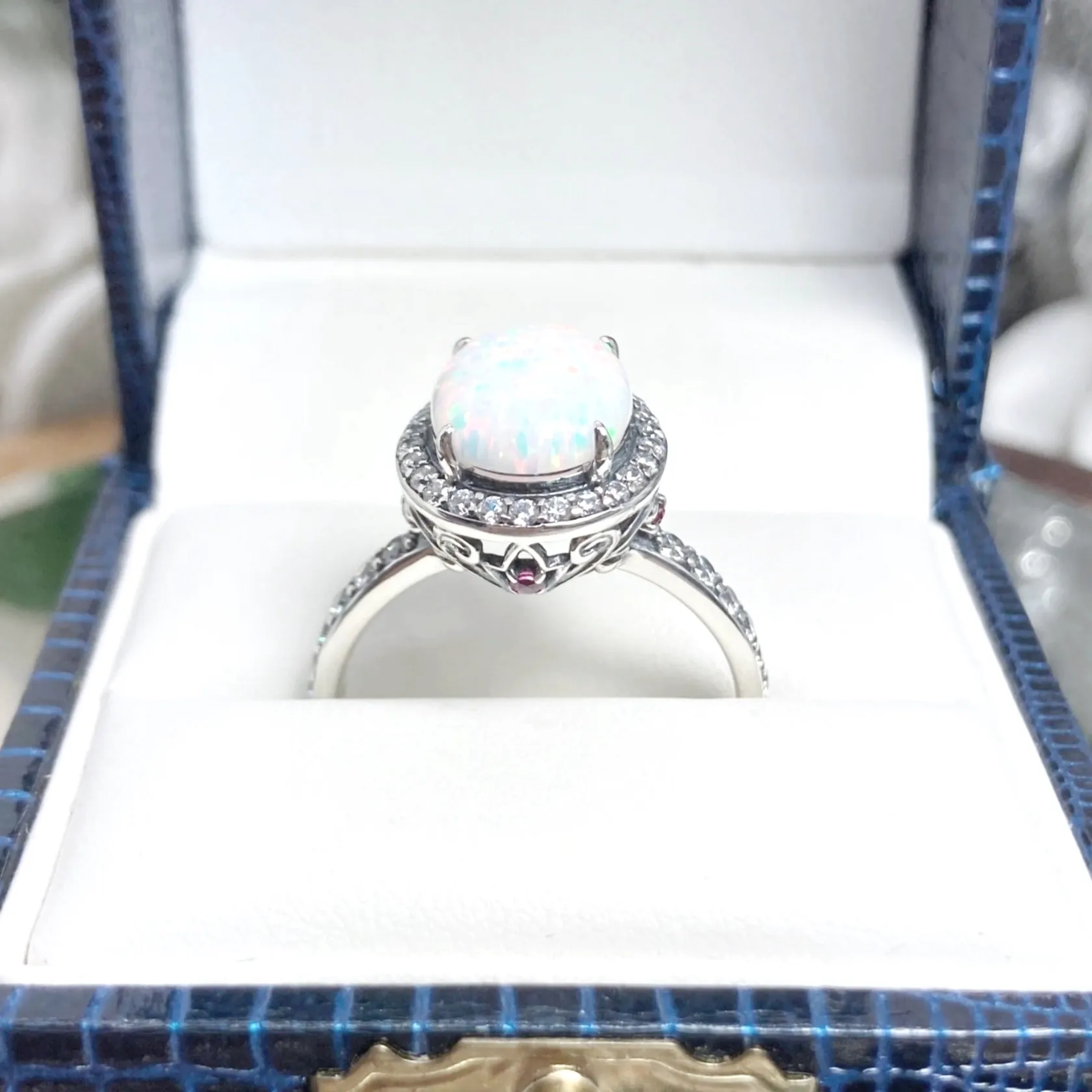 Opal Halo Ring, Size 7, White CZ Gems, Art Deco Sterling Silver Filigree #D228 - Ready to Ship