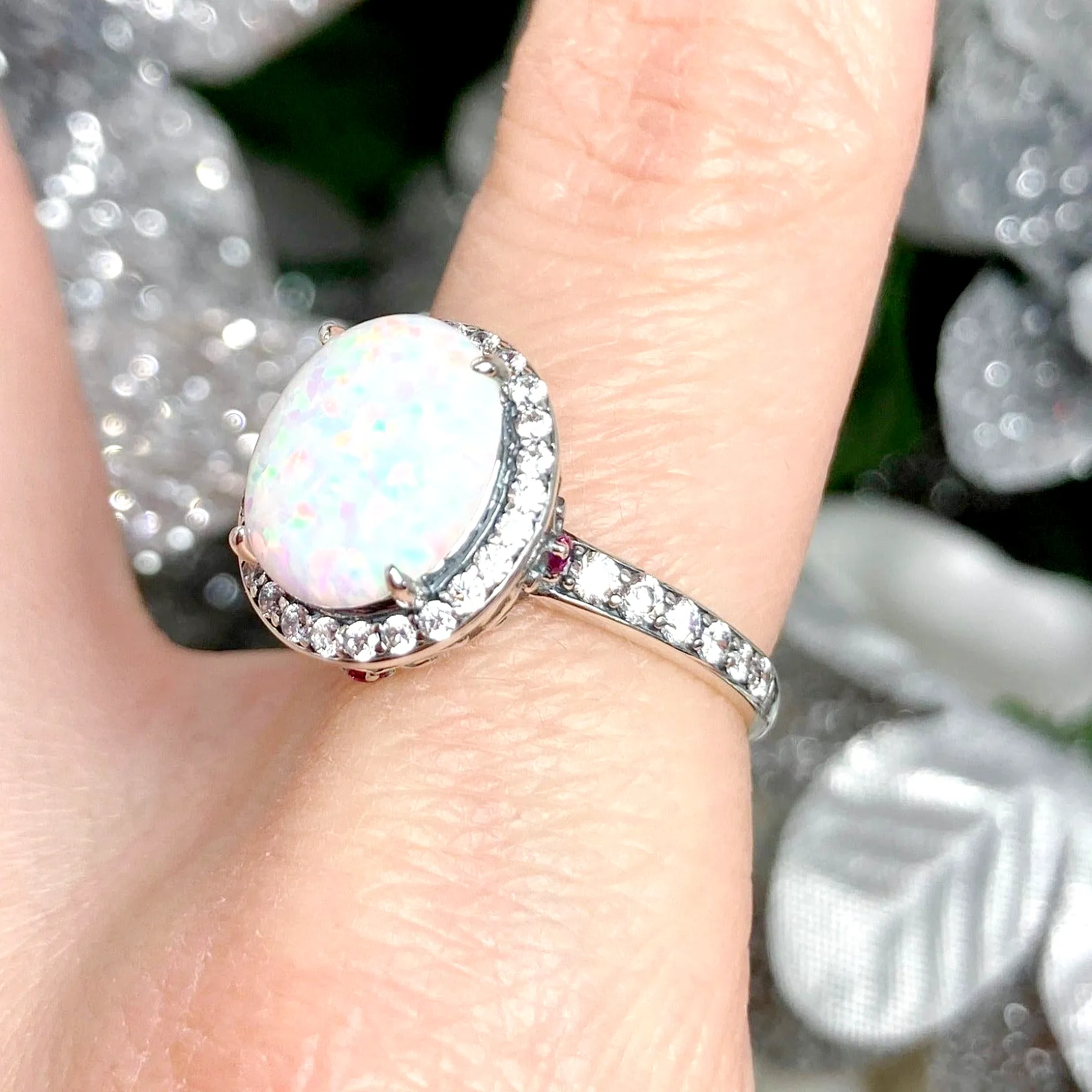 Opal Halo Ring, Size 7, White CZ Gems, Art Deco Sterling Silver Filigree #D228 - Ready to Ship