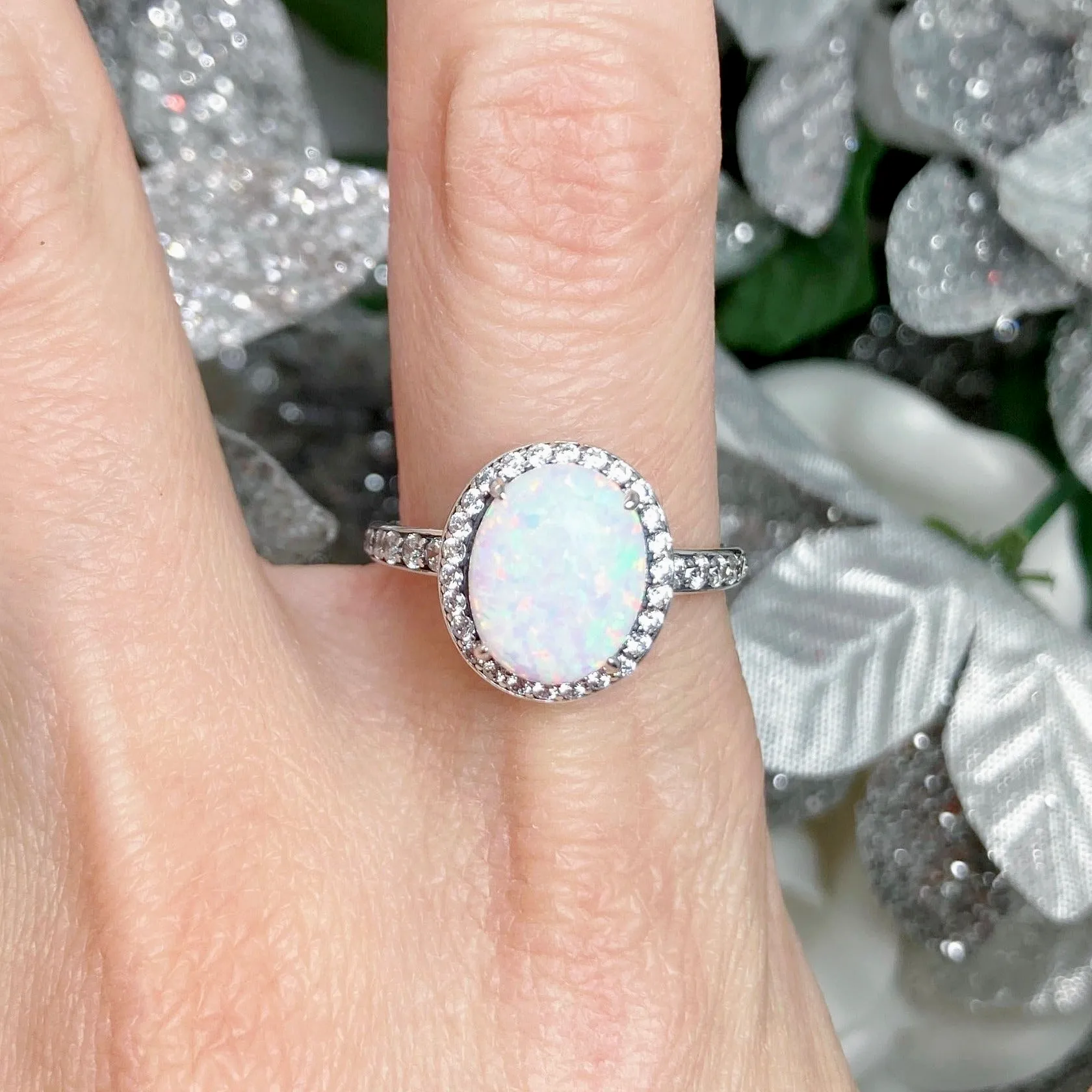 Opal Halo Ring, Size 7, White CZ Gems, Art Deco Sterling Silver Filigree #D228 - Ready to Ship