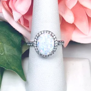 Opal Halo Ring, Size 7, White CZ Gems, Art Deco Sterling Silver Filigree #D228 - Ready to Ship