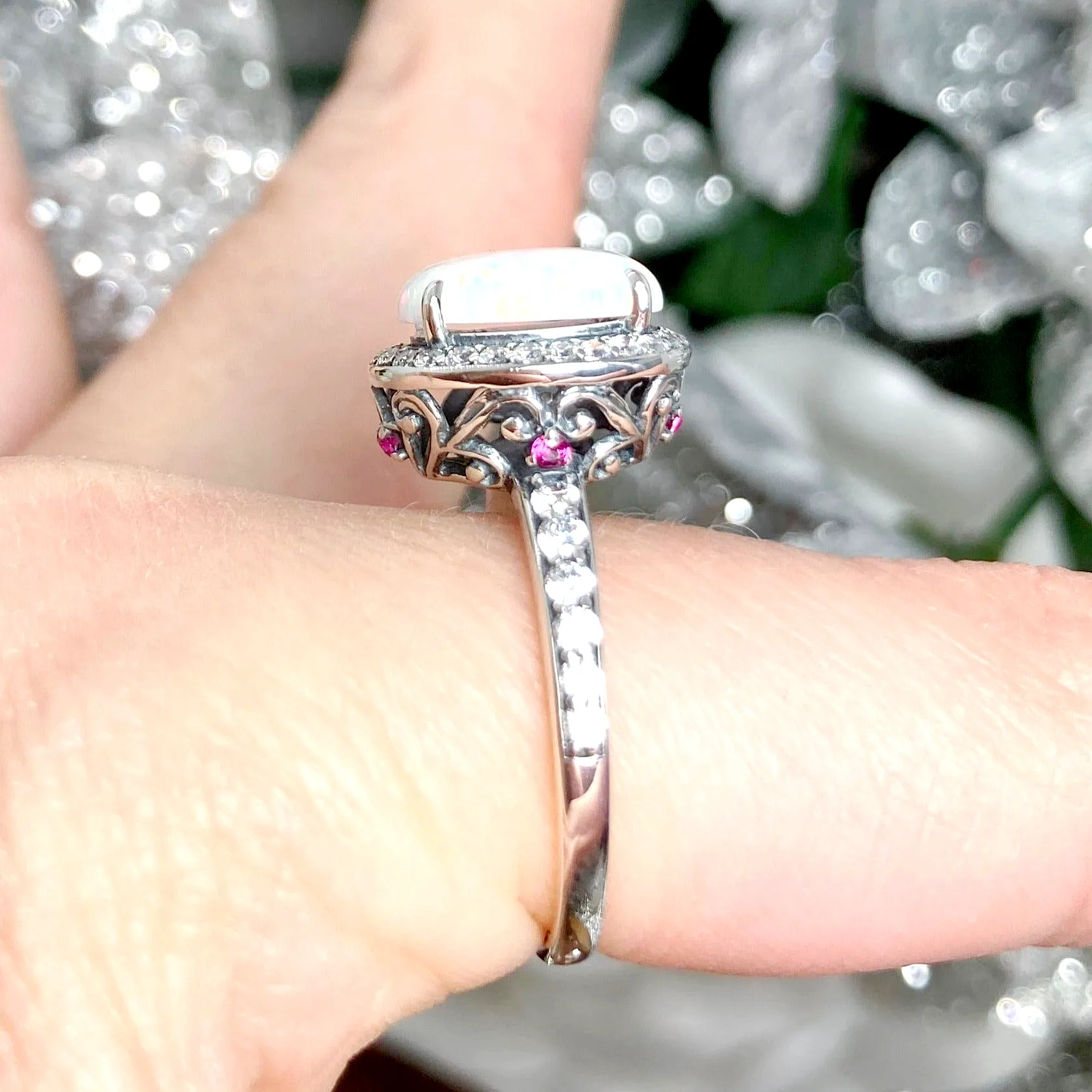 Opal Halo Ring, Size 7, White CZ Gems, Art Deco Sterling Silver Filigree #D228 - Ready to Ship