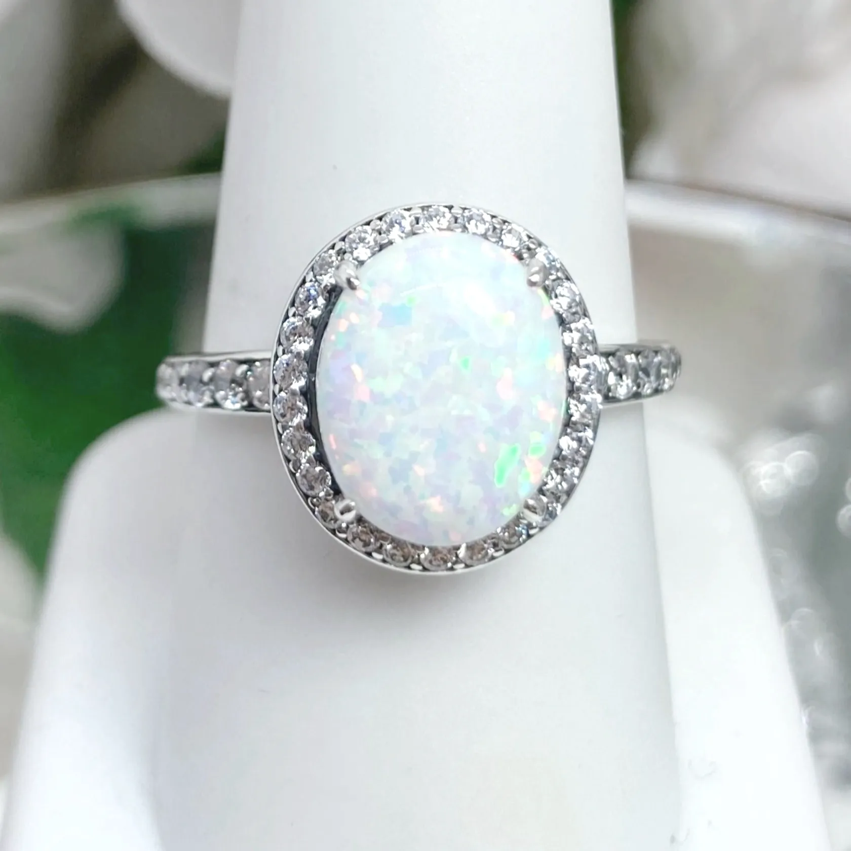 Opal Halo Ring, Size 7, White CZ Gems, Art Deco Sterling Silver Filigree #D228 - Ready to Ship