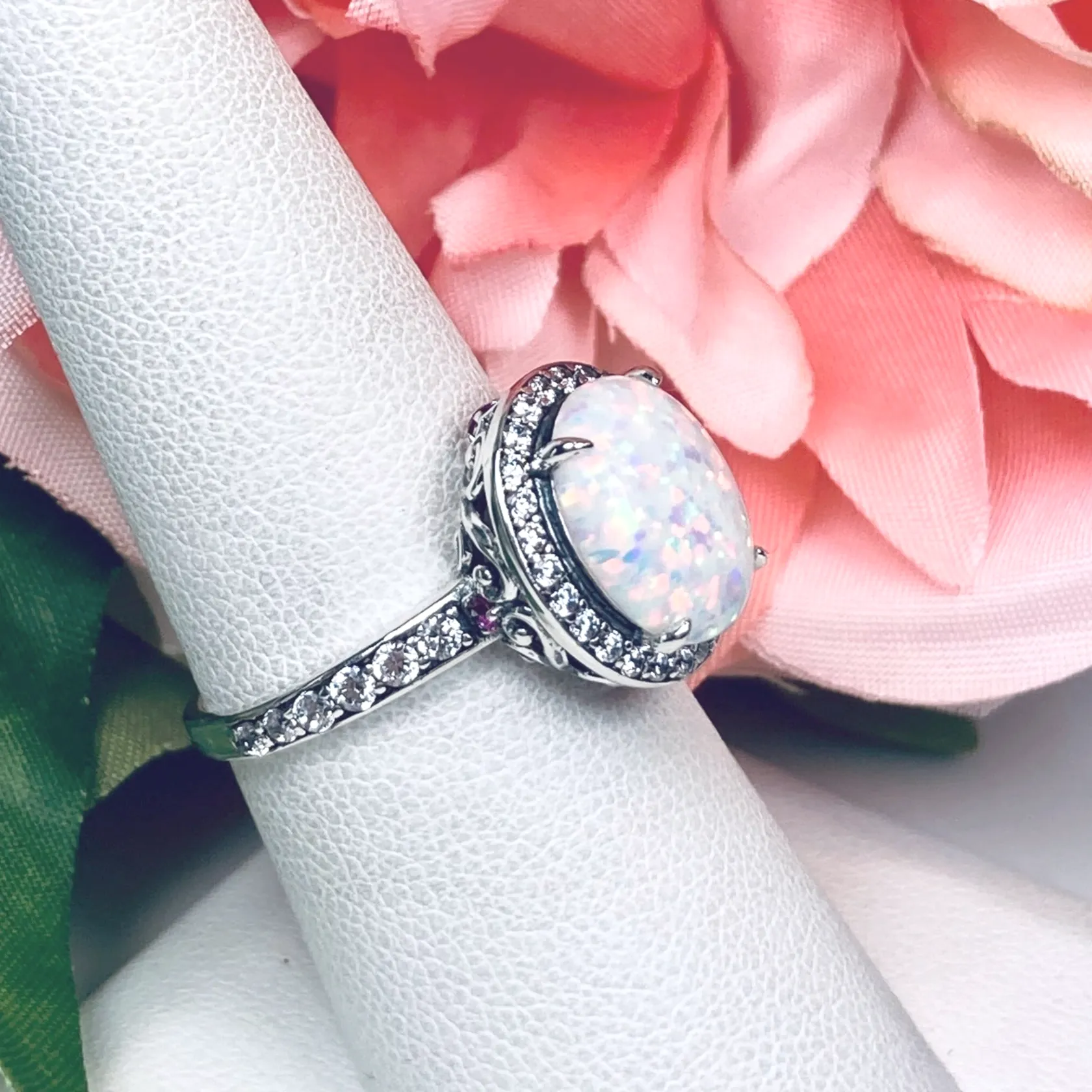 Opal Halo Ring, Size 8, White CZ Gems, Art Deco Sterling Silver Filigree #D228 - Ready to Ship