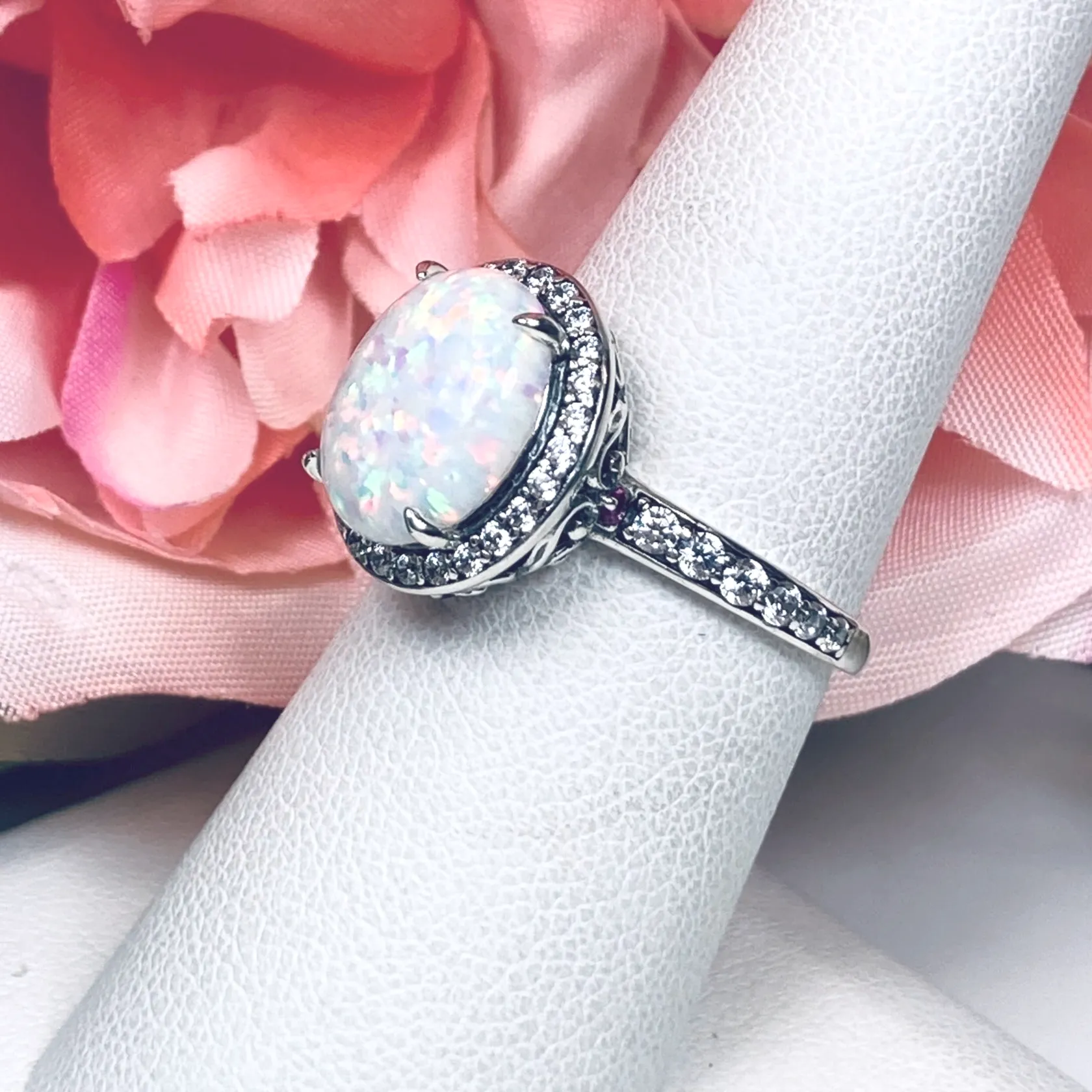 Opal Halo Ring, Size 8, White CZ Gems, Art Deco Sterling Silver Filigree #D228 - Ready to Ship