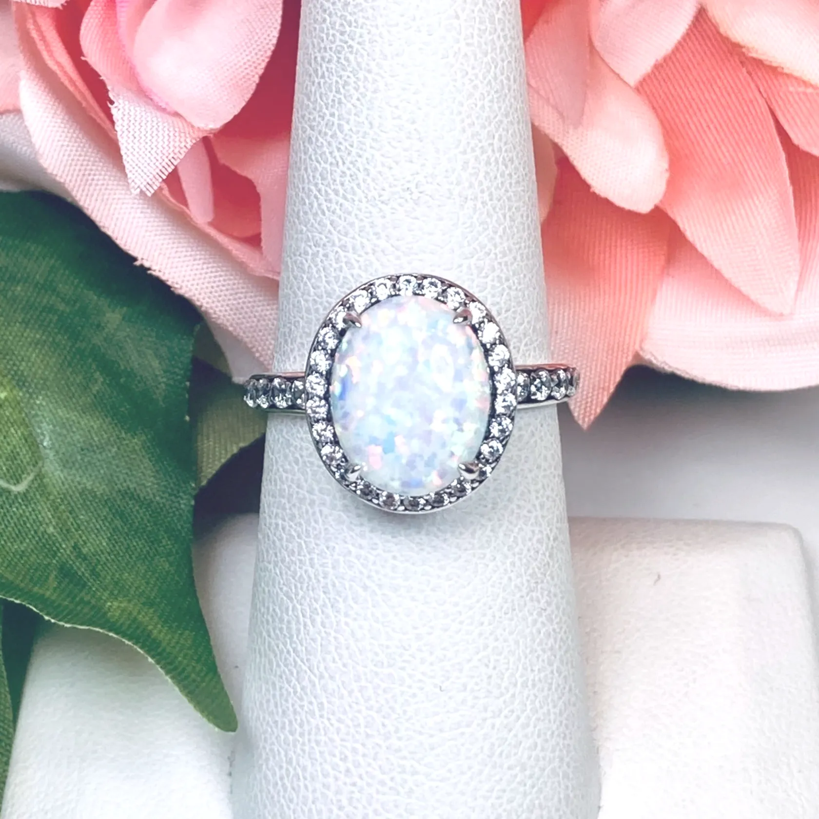 Opal Halo Ring, Size 8, White CZ Gems, Art Deco Sterling Silver Filigree #D228 - Ready to Ship
