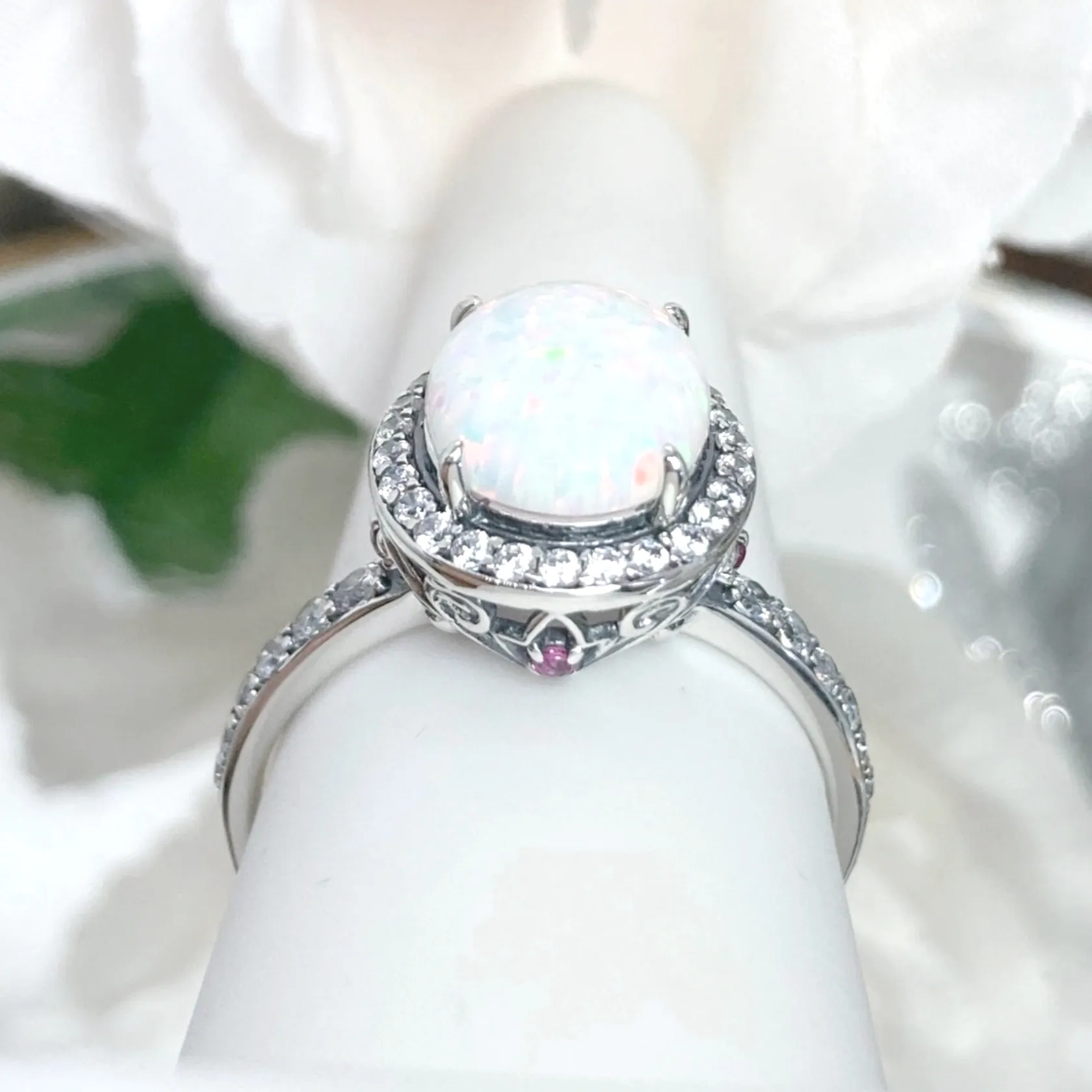 Opal Halo Ring, Size 9, White CZ Gems, Art Deco Sterling Silver Filigree #D228 - Ready to Ship