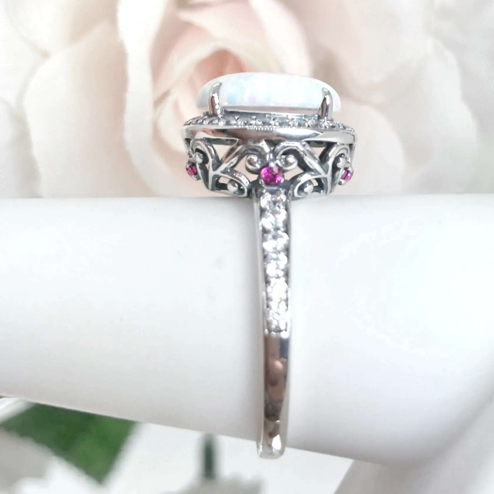 Opal Halo Ring, Size 9, White CZ Gems, Art Deco Sterling Silver Filigree #D228 - Ready to Ship