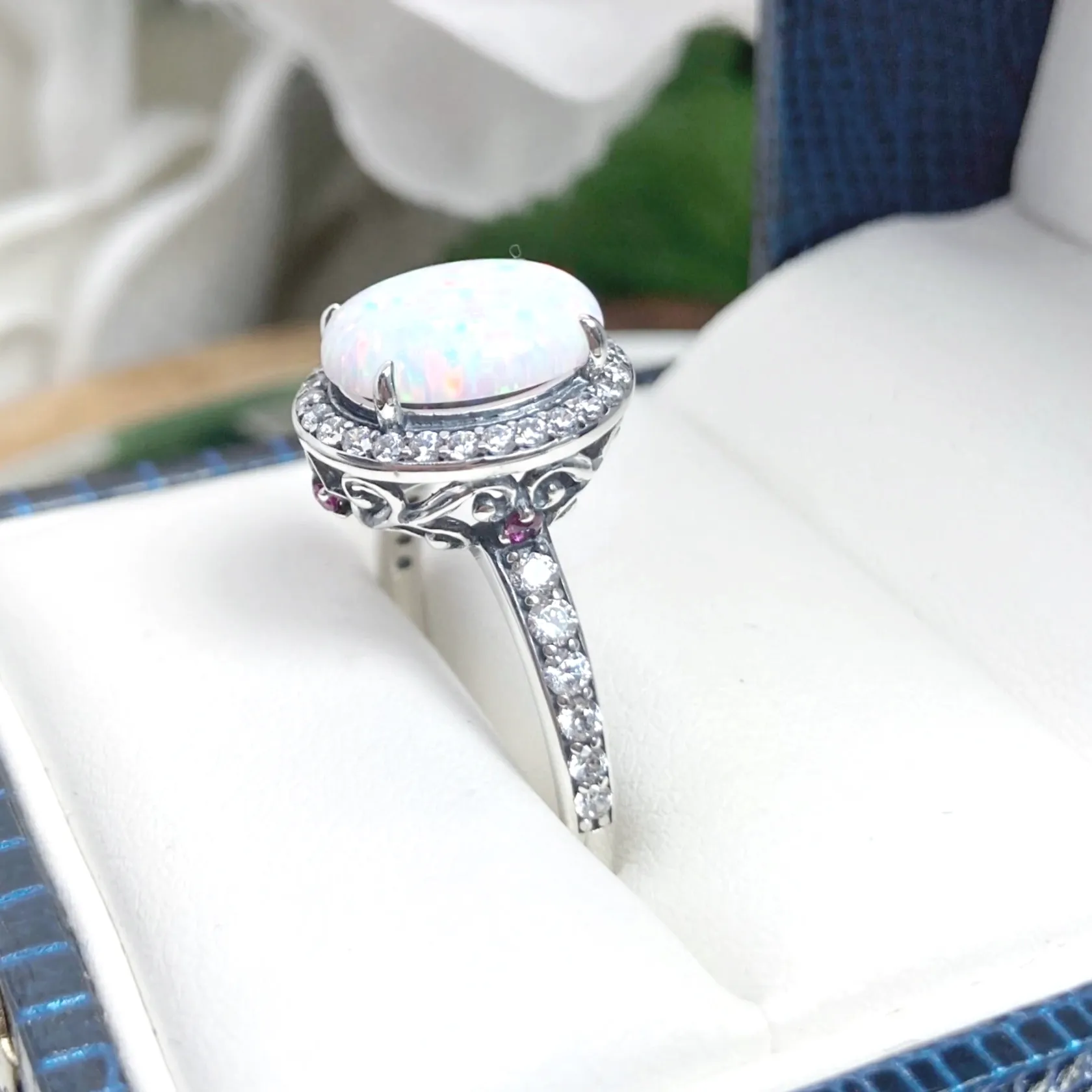 Opal Halo Ring, Size 9, White CZ Gems, Art Deco Sterling Silver Filigree #D228 - Ready to Ship