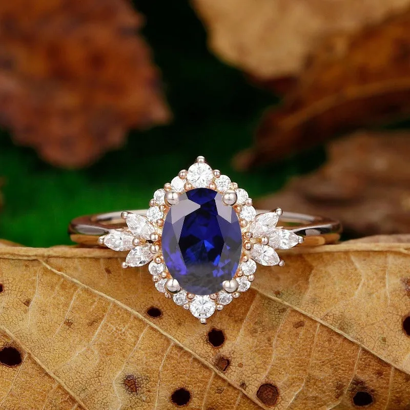 Oval Cut 1.5Carat Sapphire Engagement Ring Vintage Unique Moissanite Wedding Promise Ring