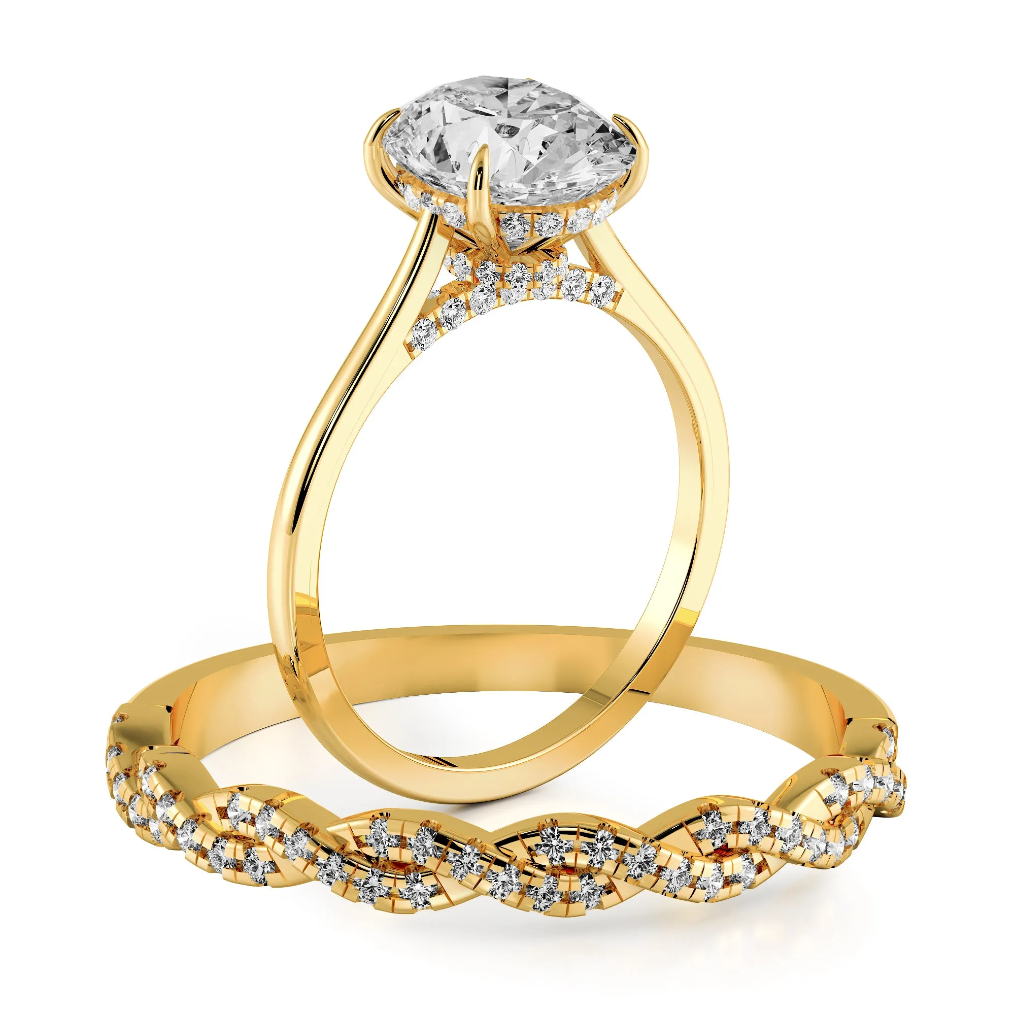 Oval Cut Hidden Halo Cathedral Engagement Ring Bridal Set - 369