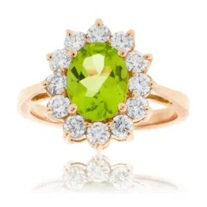 Oval Peridot & Classic Diamond Halo Ring