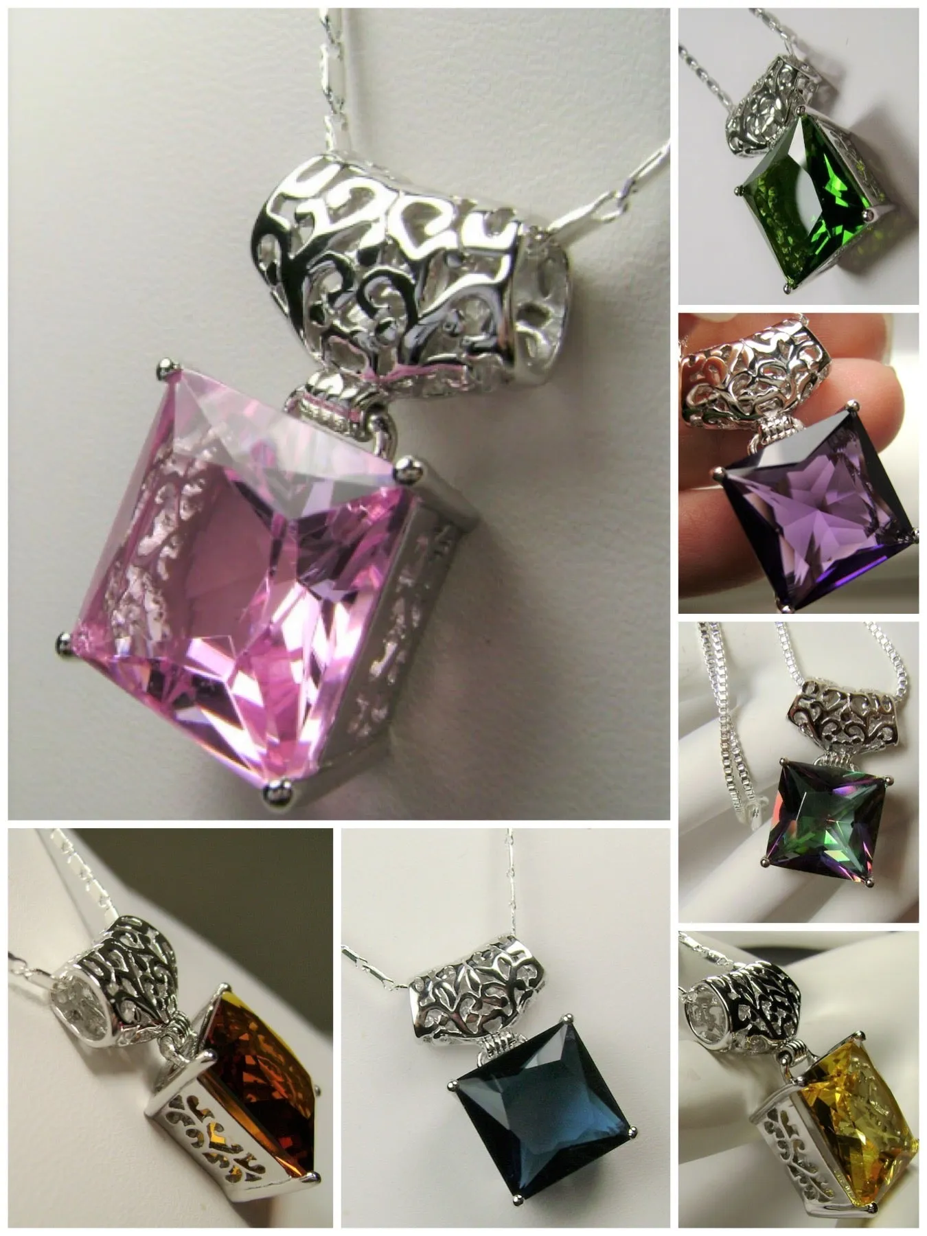 P45 Pendant, Square Gem, Sterling Silver Art Deco Jewelry #P45
