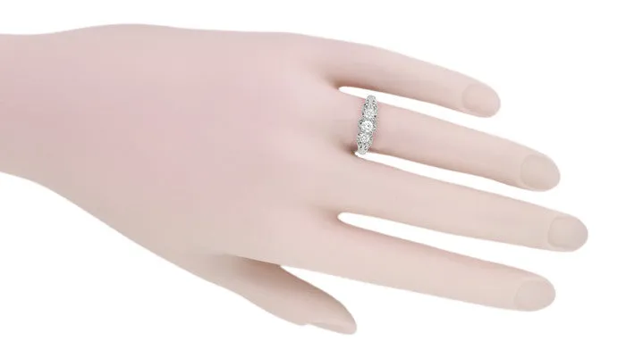 Palladium Art Deco Antique Style Scroll Filigree 3 Diamond Ring