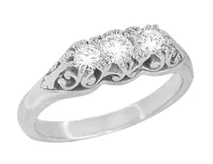 Palladium Art Deco Antique Style Scroll Filigree 3 Diamond Ring