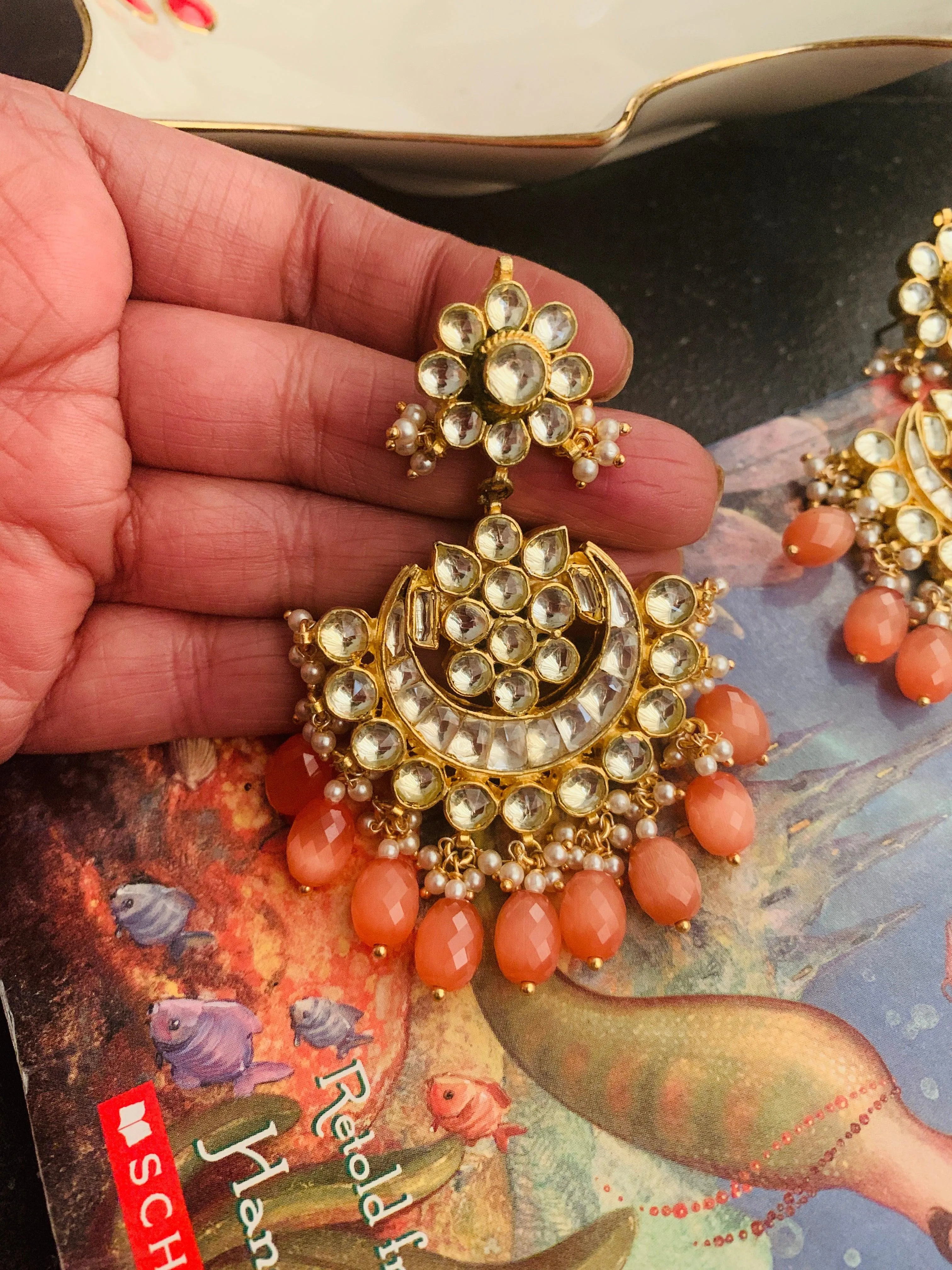 Peach Drops Pachi Kundan Earrings