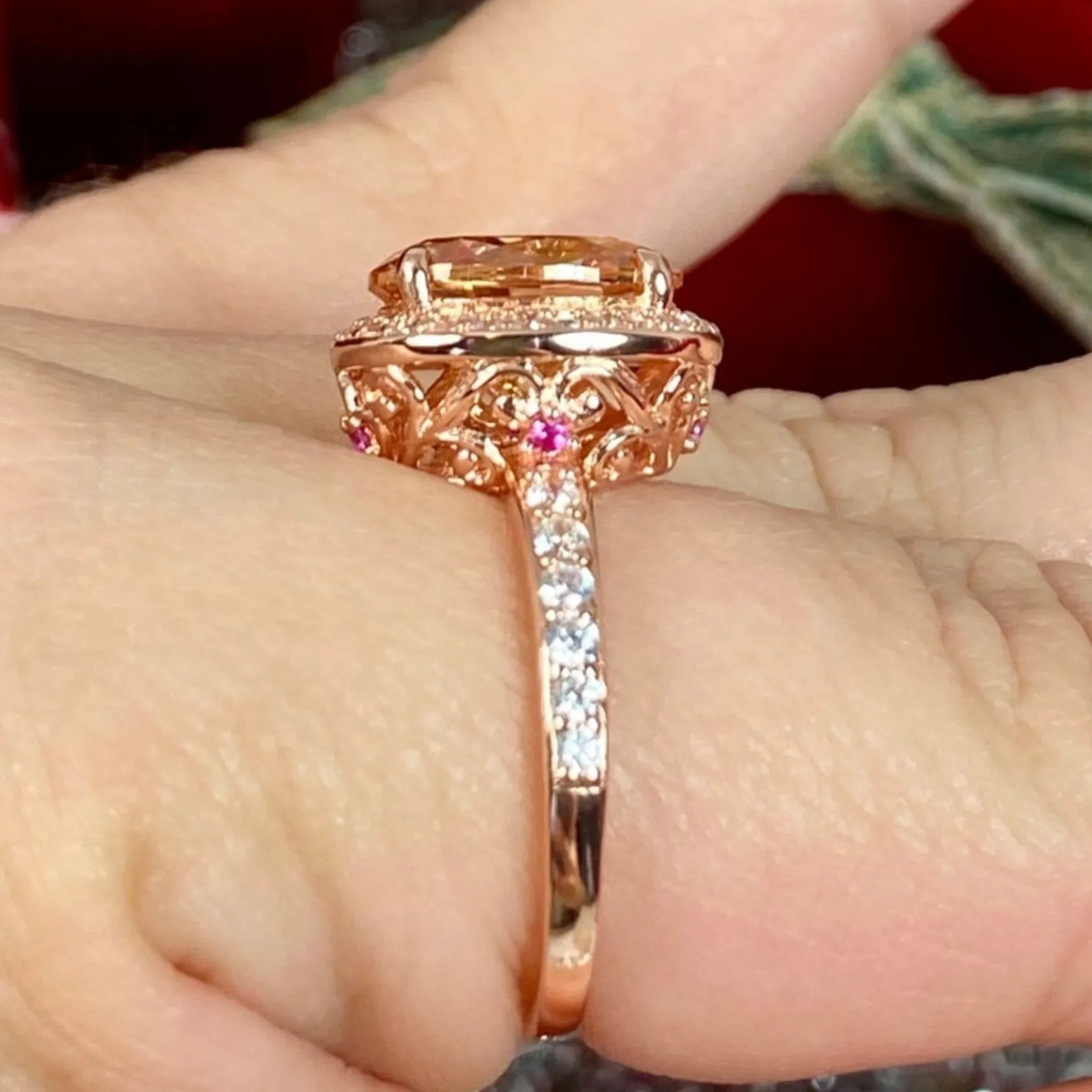 Peach Halo Ring, White CZ Gems, Art Deco Rose Gold plated Sterling Silver Filigree #D228