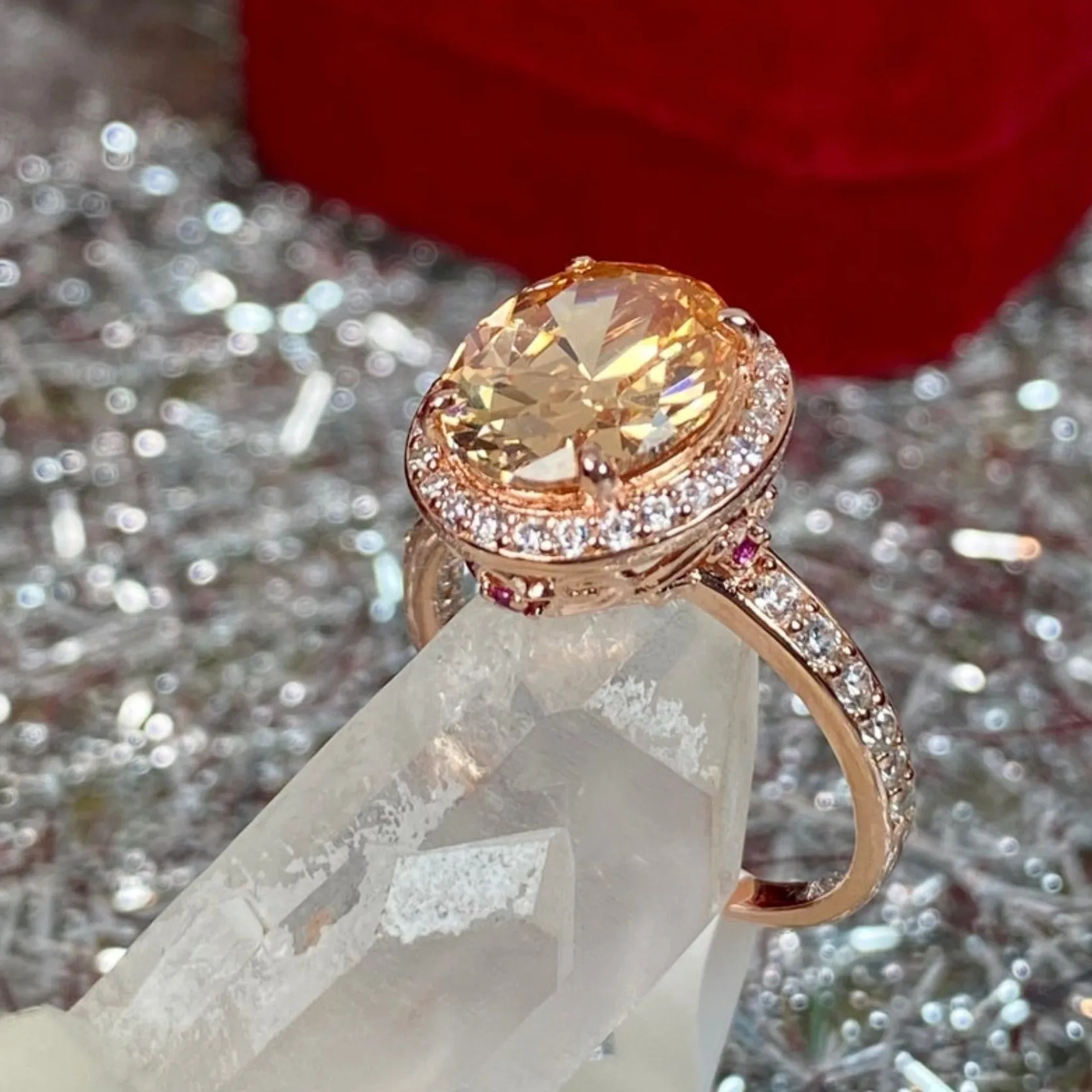 Peach Halo Ring, White CZ Gems, Art Deco Rose Gold plated Sterling Silver Filigree #D228