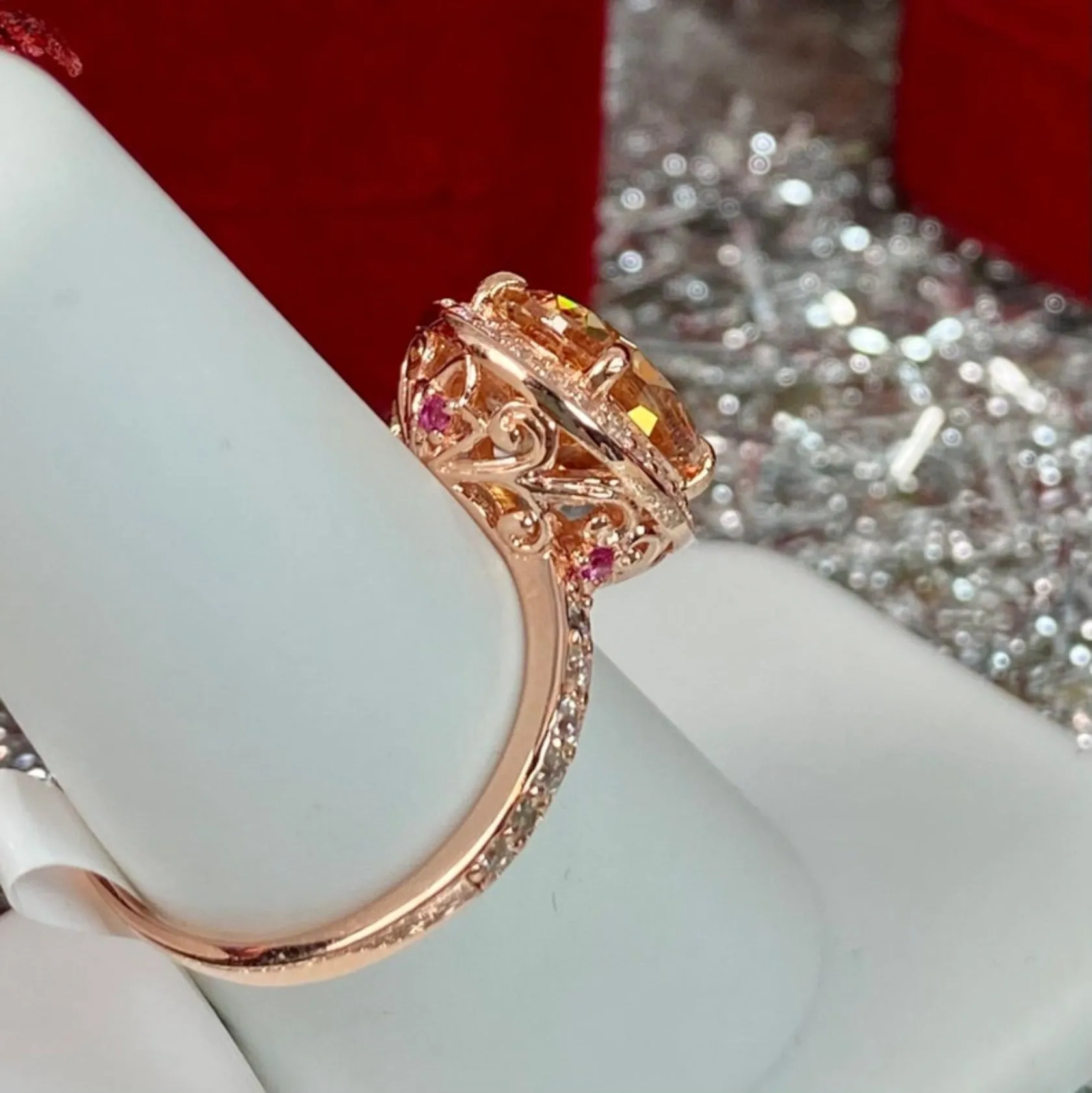 Peach Halo Ring, White CZ Gems, Art Deco Rose Gold plated Sterling Silver Filigree #D228