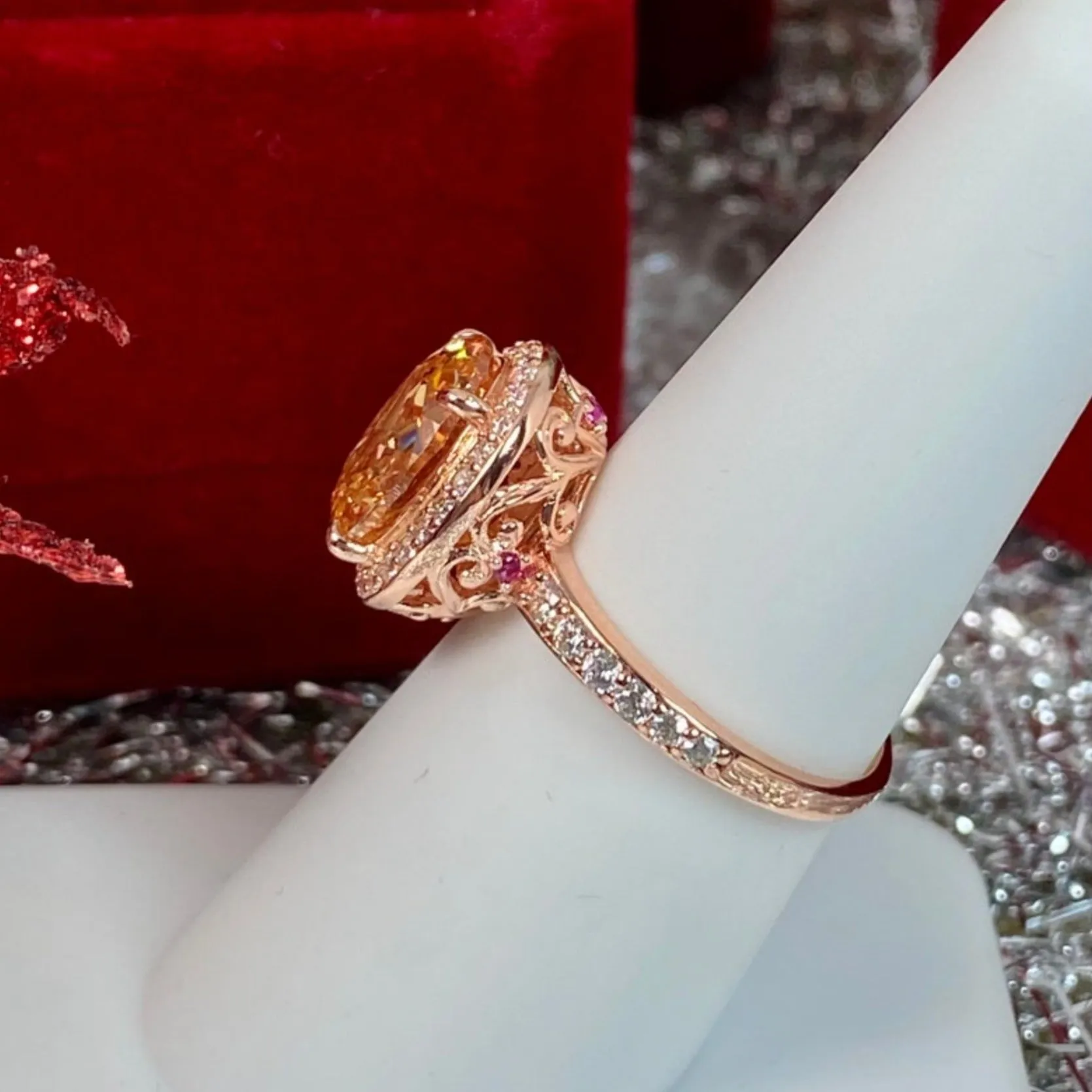 Peach Halo Ring, White CZ Gems, Art Deco Rose Gold plated Sterling Silver Filigree #D228