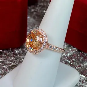 Peach Halo Ring, White CZ Gems, Art Deco Rose Gold plated Sterling Silver Filigree #D228