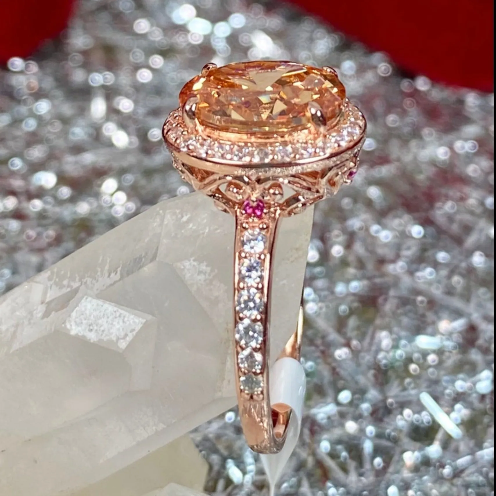 Peach Halo Ring, White CZ Gems, Art Deco Rose Gold plated Sterling Silver Filigree #D228