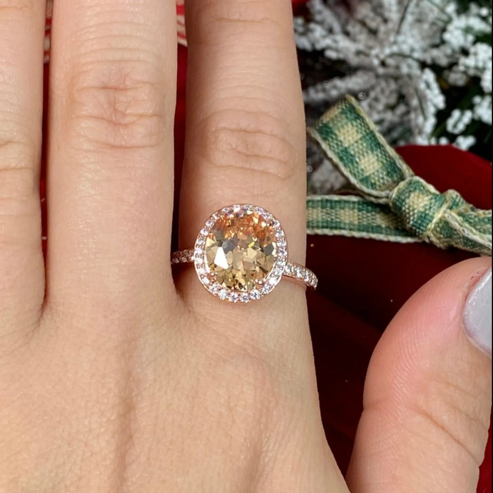 Peach Halo Ring, White CZ Gems, Art Deco Rose Gold plated Sterling Silver Filigree #D228