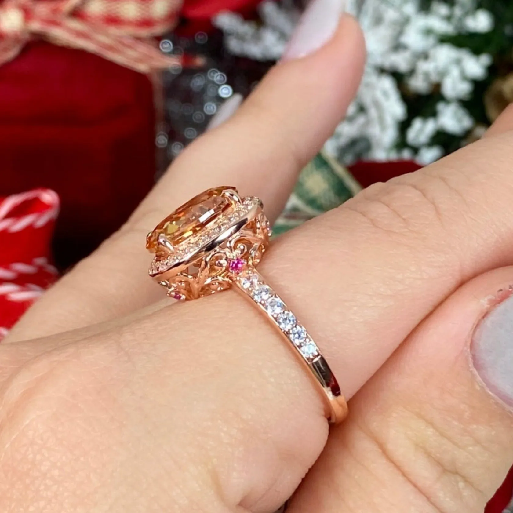 Peach Halo Ring, White CZ Gems, Art Deco Rose Gold plated Sterling Silver Filigree #D228