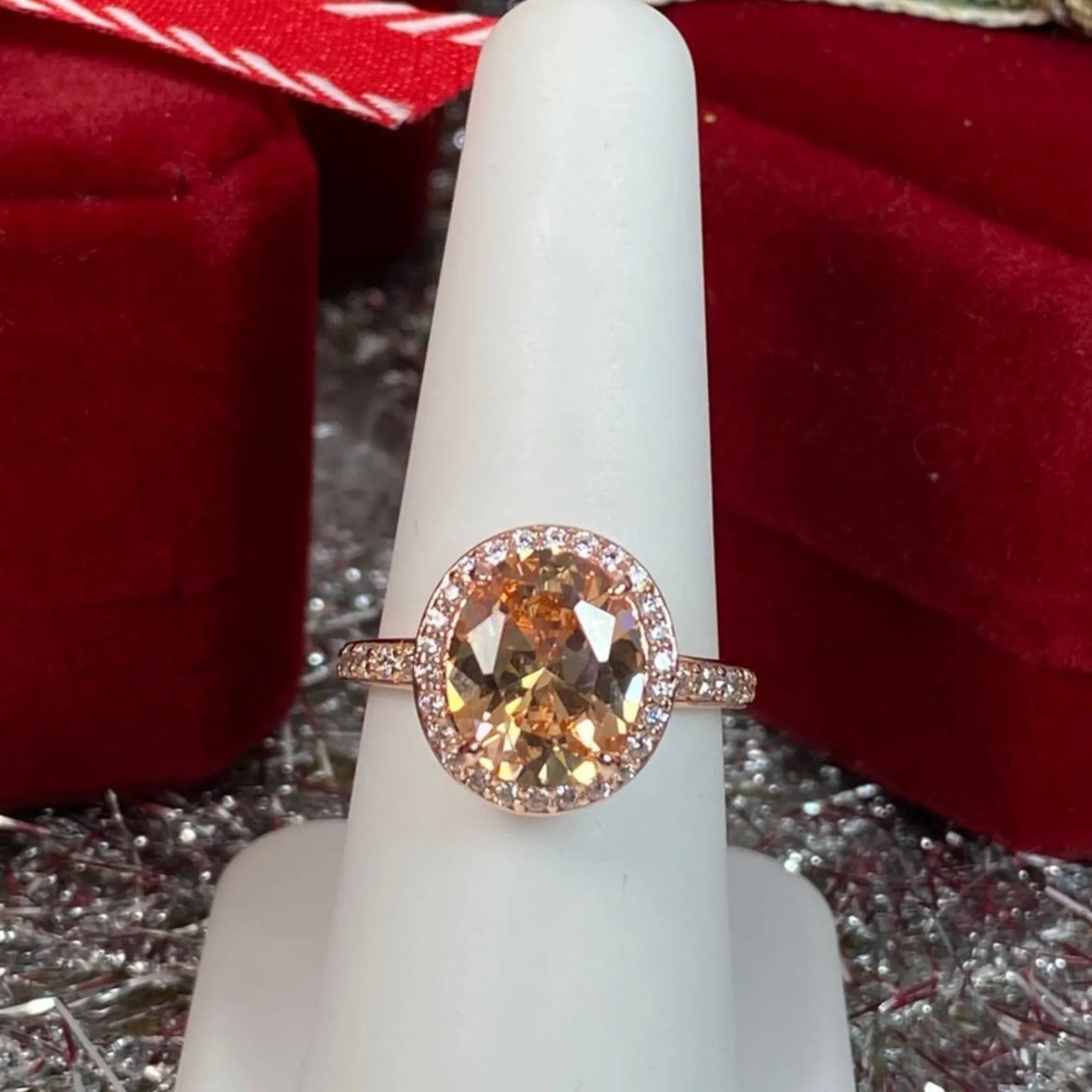 Peach Halo Ring, White CZ Gems, Art Deco Rose Gold plated Sterling Silver Filigree #D228