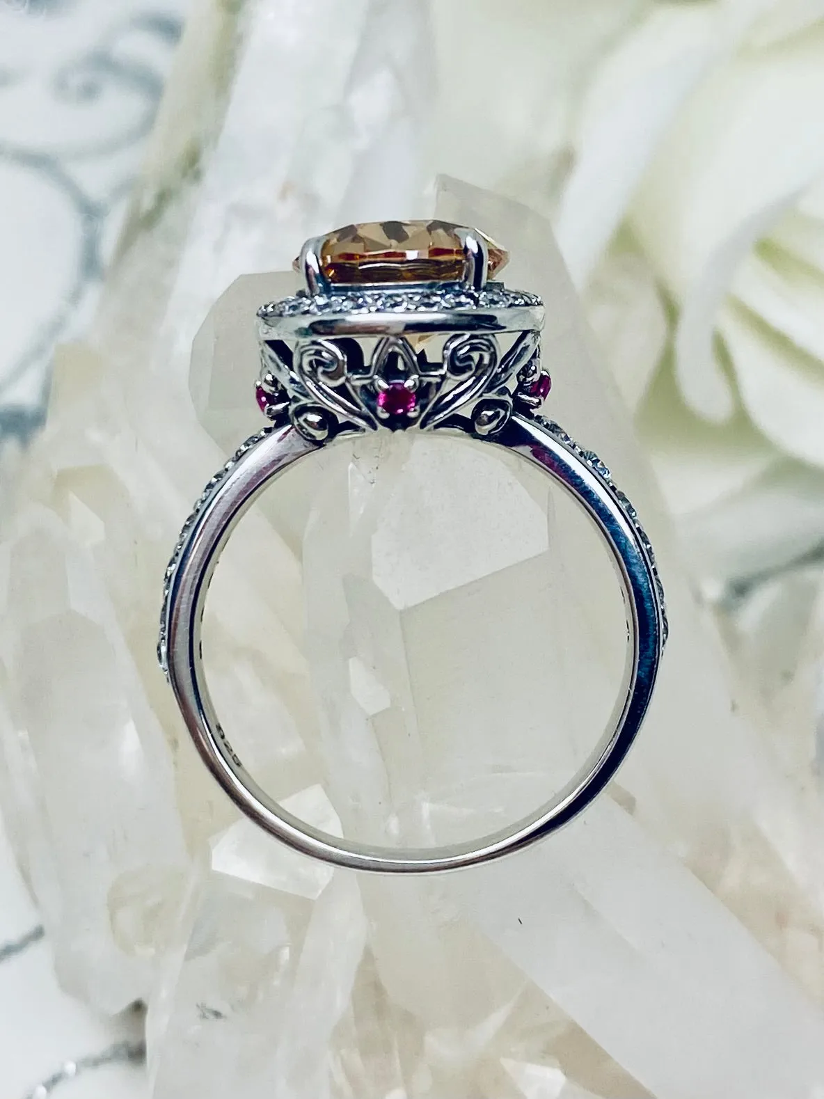 Peach Halo Ring, White CZ Gems, Art Deco Sterling Silver Filigree #D228