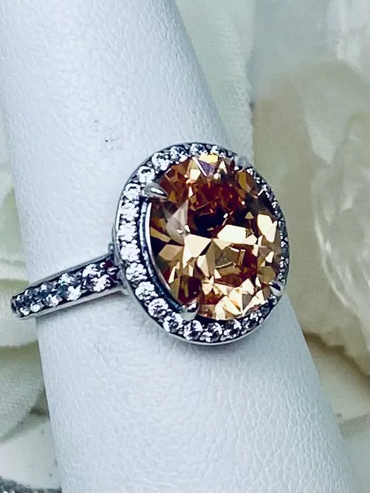 Peach Halo Ring, White CZ Gems, Art Deco Sterling Silver Filigree #D228