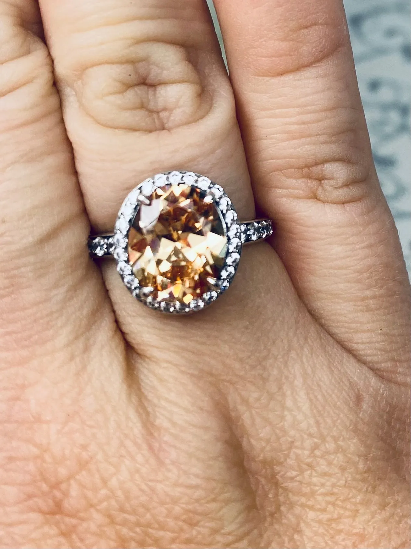Peach Halo Ring, White CZ Gems, Art Deco Sterling Silver Filigree #D228