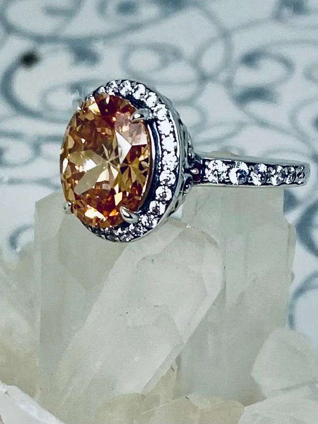 Peach Halo Ring, White CZ Gems, Art Deco Sterling Silver Filigree #D228