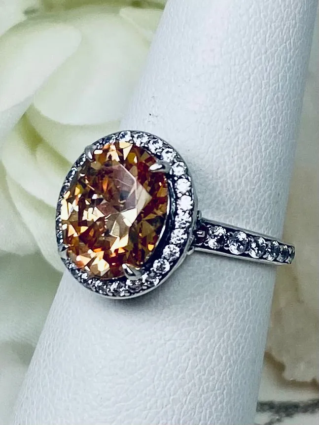 Peach Halo Ring, White CZ Gems, Art Deco Sterling Silver Filigree #D228