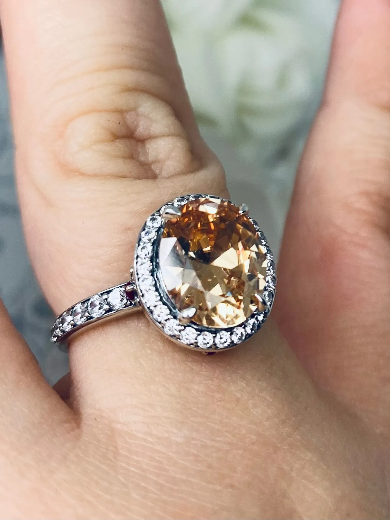 Peach Halo Ring, White CZ Gems, Art Deco Sterling Silver Filigree #D228