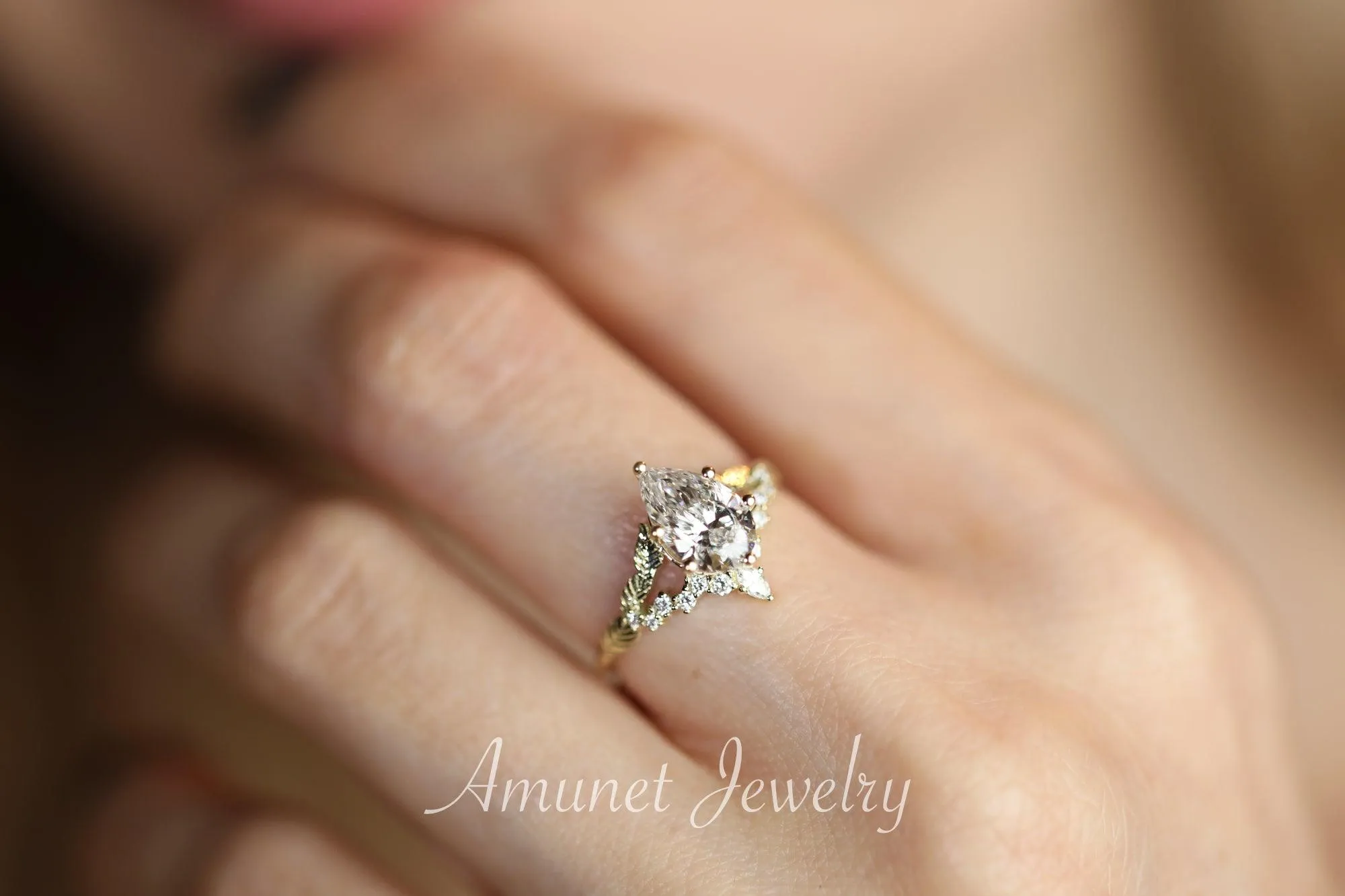 Pear diamond engagement ring, lab diamond ring cluster ring, leaf ring,nature inspired ring,diamond unique ring.