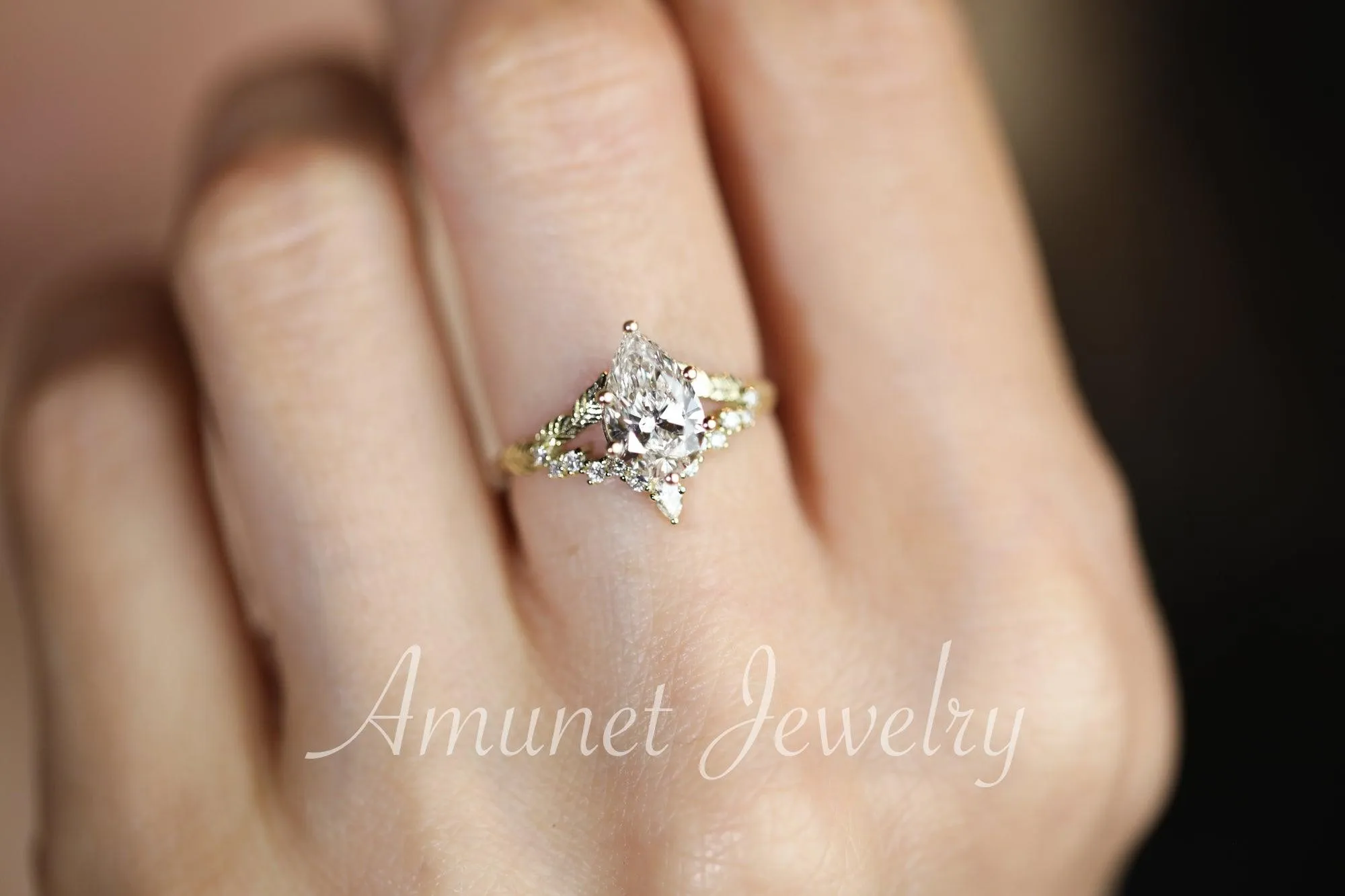 Pear diamond engagement ring, lab diamond ring cluster ring, leaf ring,nature inspired ring,diamond unique ring.