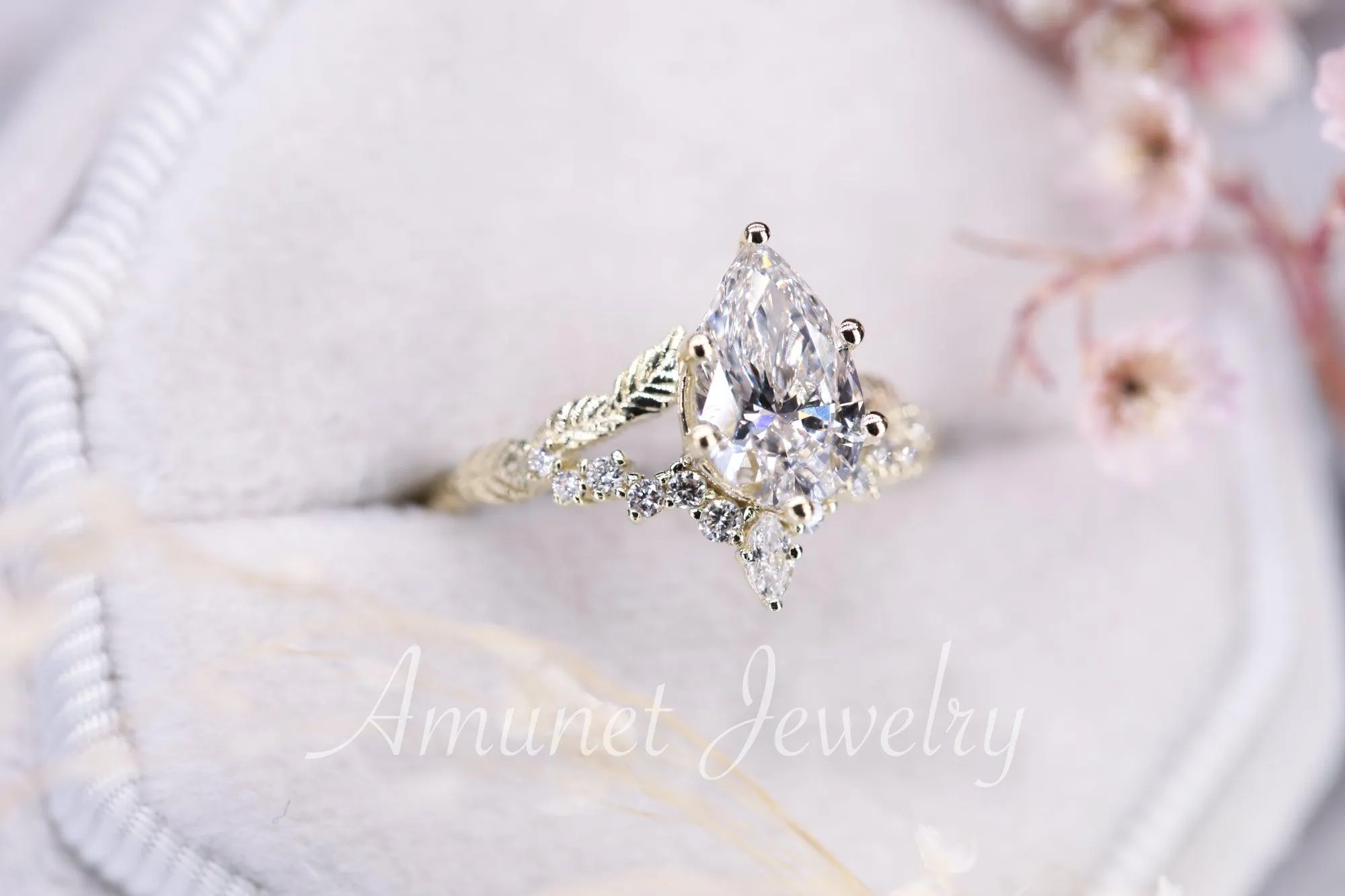 Pear diamond engagement ring, lab diamond ring cluster ring, leaf ring,nature inspired ring,diamond unique ring.