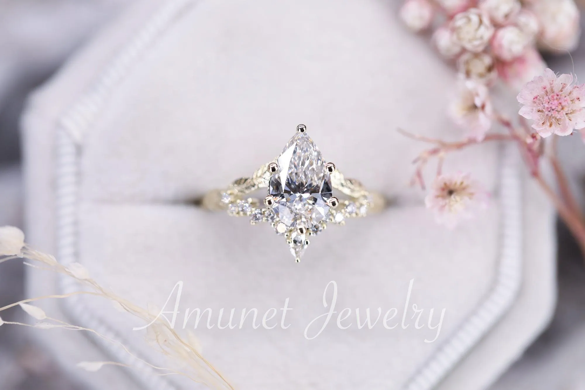 Pear diamond engagement ring, lab diamond ring cluster ring, leaf ring,nature inspired ring,diamond unique ring.