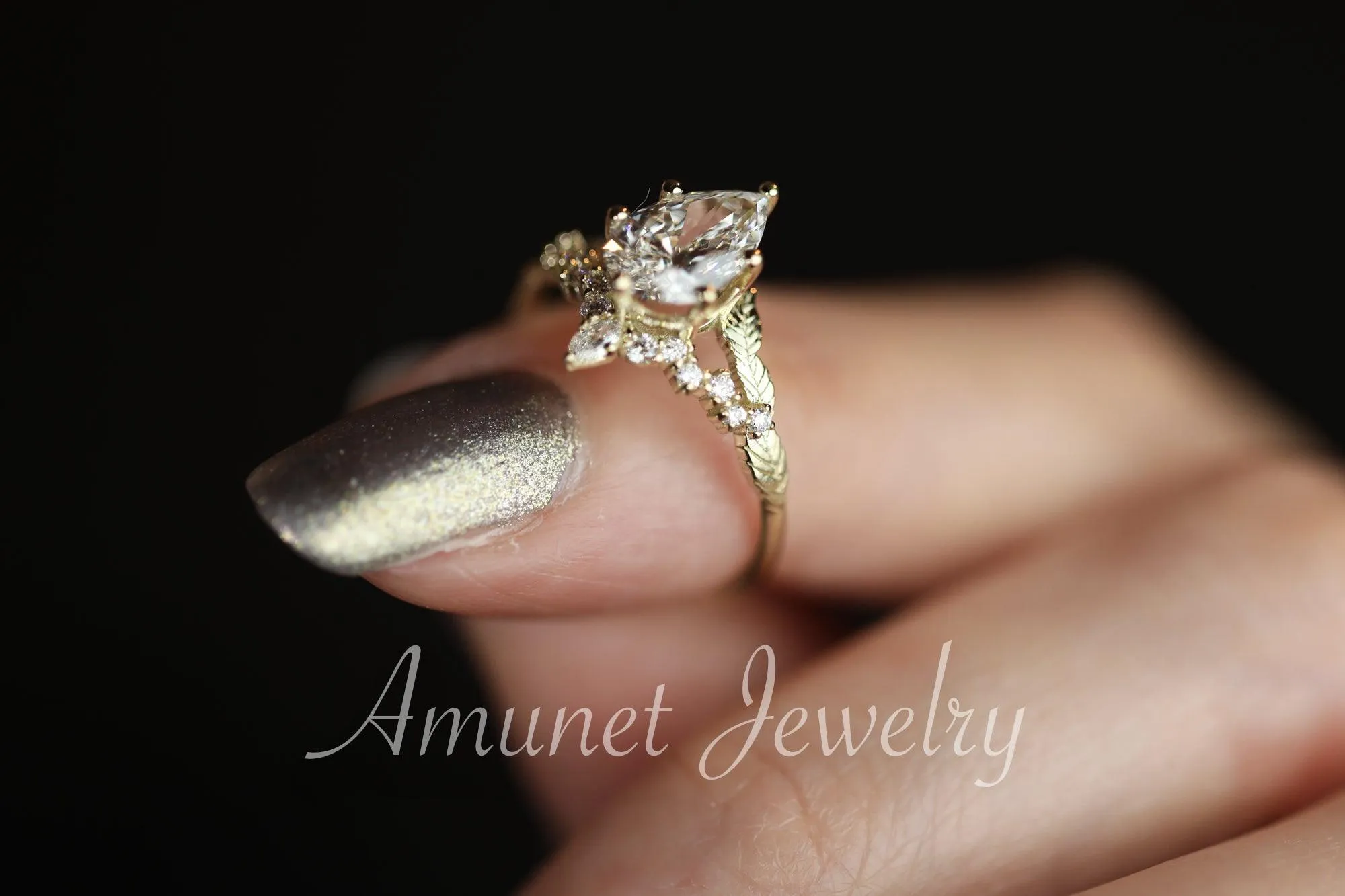 Pear diamond engagement ring, lab diamond ring cluster ring, leaf ring,nature inspired ring,diamond unique ring.