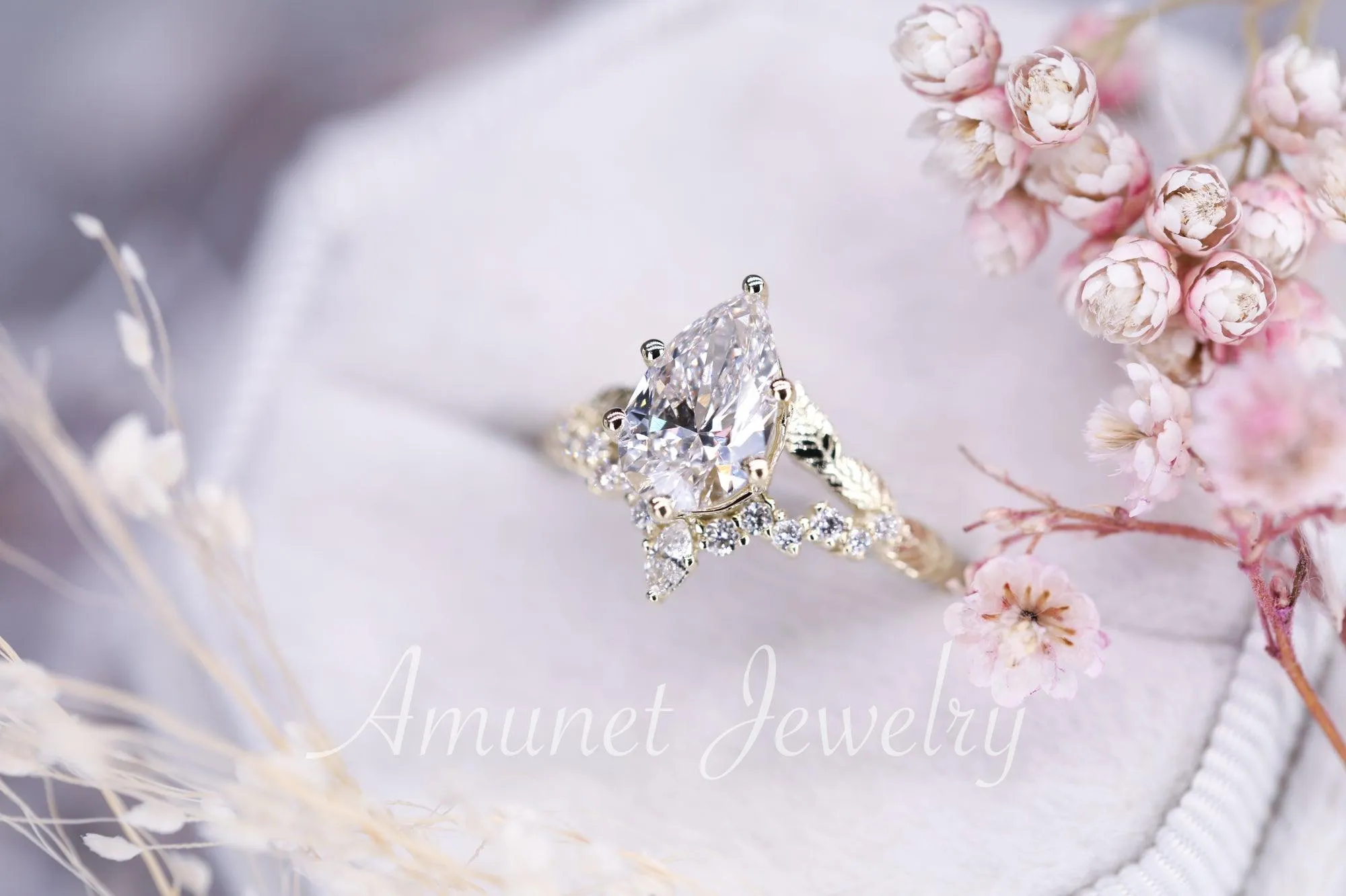 Pear diamond engagement ring, lab diamond ring cluster ring, leaf ring,nature inspired ring,diamond unique ring.