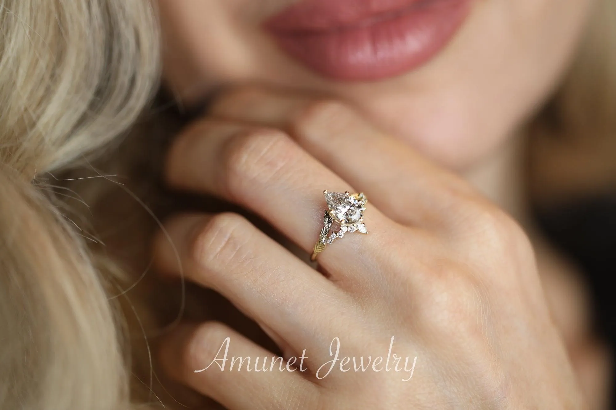 Pear diamond engagement ring, lab diamond ring cluster ring, leaf ring,nature inspired ring,diamond unique ring.