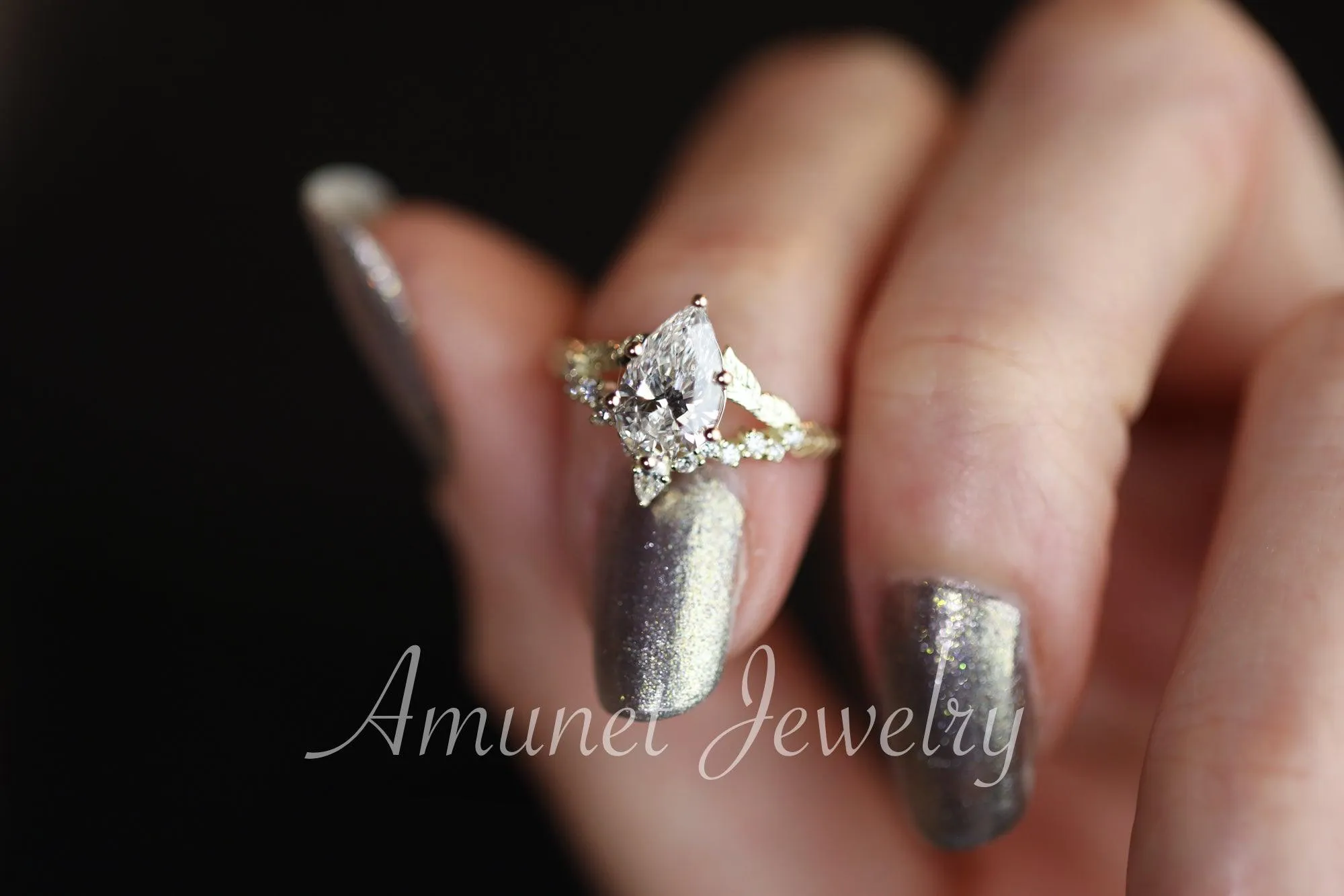 Pear diamond engagement ring, lab diamond ring cluster ring, leaf ring,nature inspired ring,diamond unique ring.