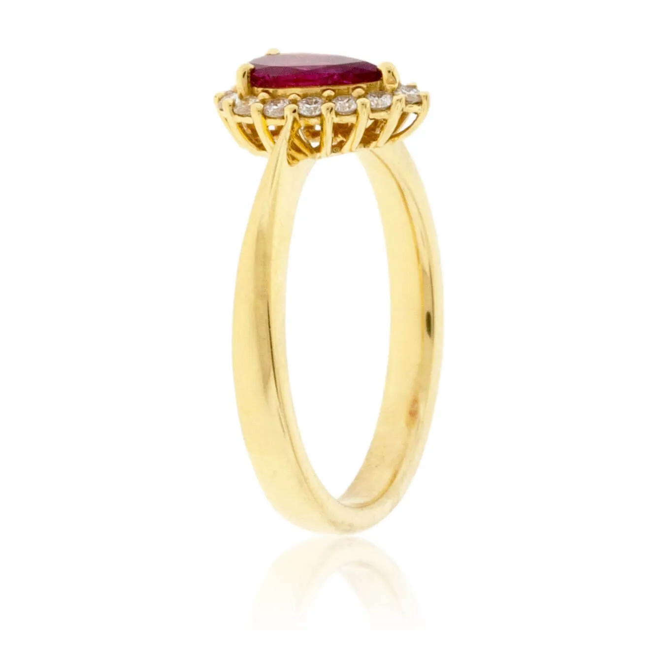 Pear Red Beryl Emerald & Diamond Halo Yellow Gold Ring