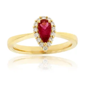 Pear Red Beryl Emerald & Diamond Halo Yellow Gold Ring
