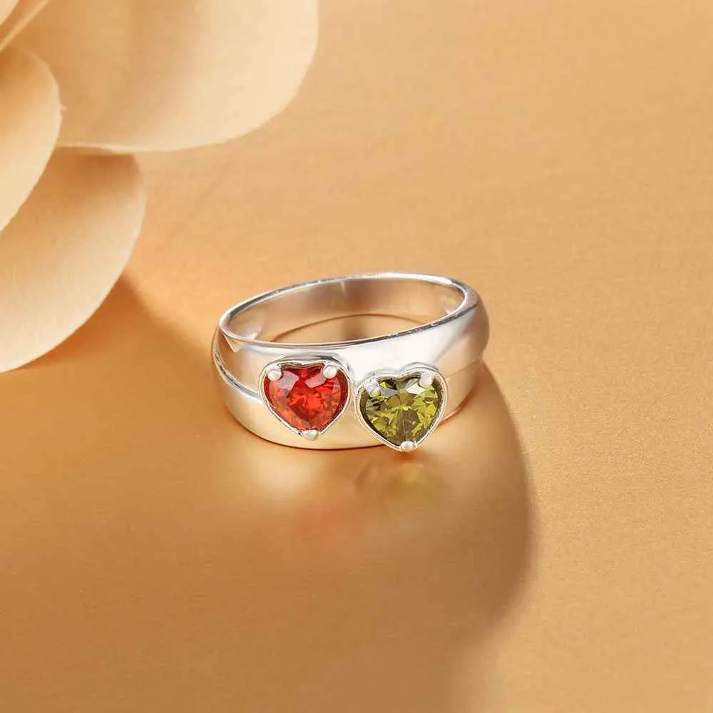 Personalized 925 Sterling Silver Promise Rings for Women – Custom Heart Birthstones – Engraved 2 Texts – Trendy Jewelry Gift