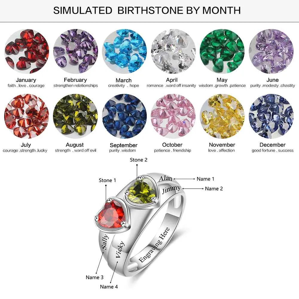 Personalized 925 Sterling Silver Promise Rings for Women – Custom Heart Birthstones – Engraved 2 Texts – Trendy Jewelry Gift