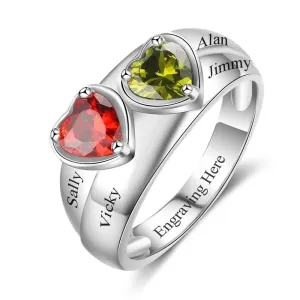 Personalized 925 Sterling Silver Promise Rings for Women – Custom Heart Birthstones – Engraved 2 Texts – Trendy Jewelry Gift