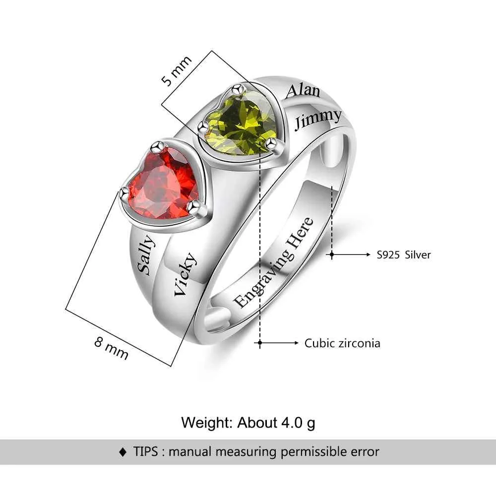 Personalized 925 Sterling Silver Promise Rings for Women – Custom Heart Birthstones – Engraved 2 Texts – Trendy Jewelry Gift
