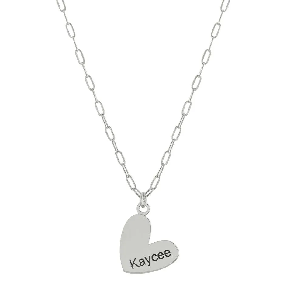 Personalized Name in Heart on Paperclip Chain Gold or Platinum finish Necklace